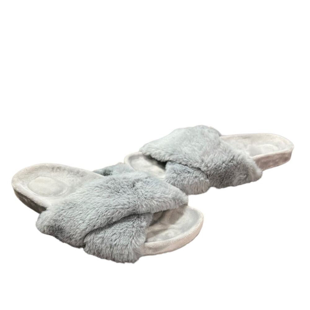 Fitory Slippers Womens Size 7 Gray Cross Band Plush Slip On Slides Cozy Casual‎